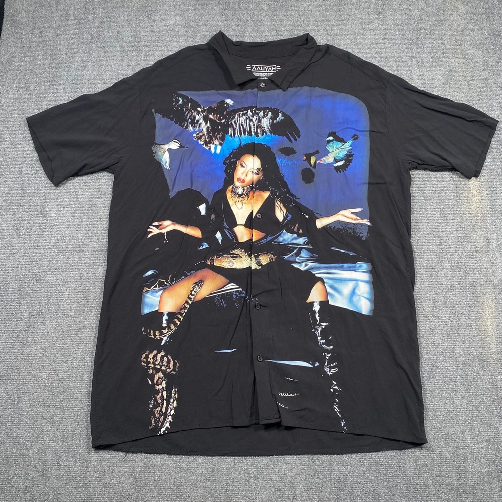 Aaliyah Graphic Button Up Shirt Men's XXL Black Short Sleeve‎